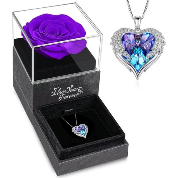 Preserved Purple Real Rose with Angel Wings Necklace, Flower Gifts for Women - Picture 1 of 6